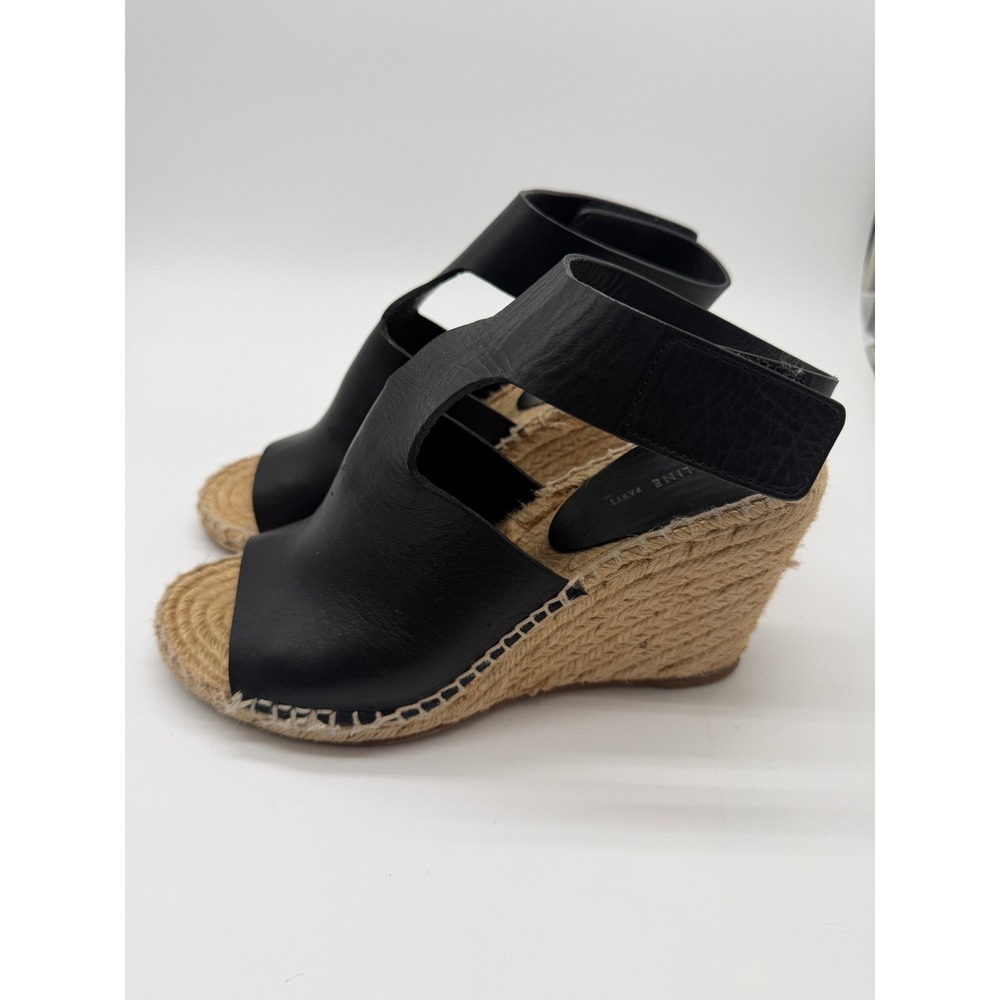 Celine Espadrille Wedge Sandals Womens 8 Black Leather Jute Platform Heel